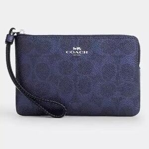 Coach Metallic Blue Pebbled Leather Corner Zip Clutch Wallet Wristlet New